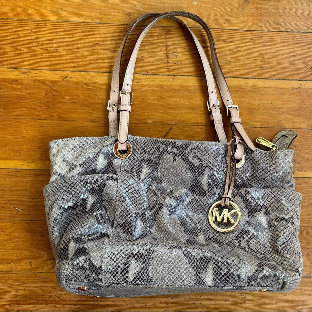 Michael Kors Grey and Crème Snake Print Tote Bag